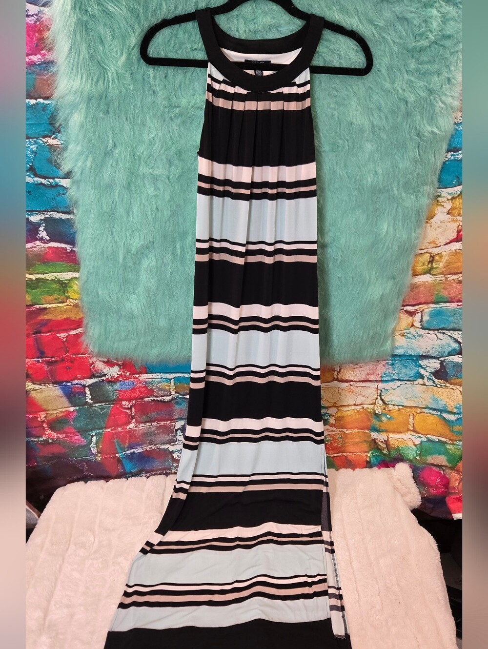 Chaps Blue Tan White Black Striped Halter Maxi Dress Size XS/TP - Picture 1 of 14